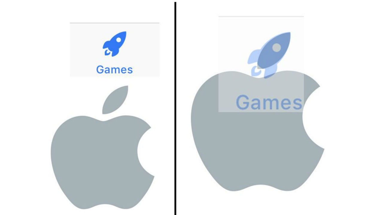 外媒 Mashable 將 App Store 的 Games 火箭圖示放在 Apple 的蘋果商標，發現外形與角度都是一樣！