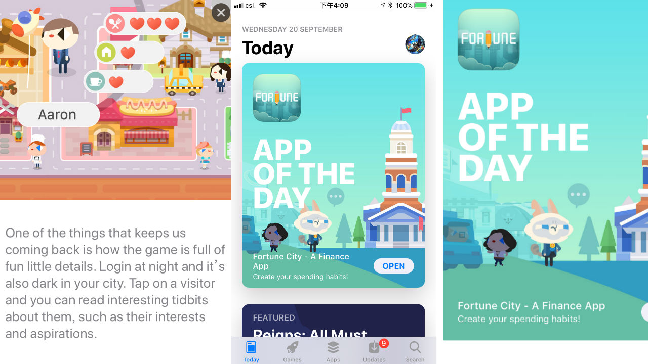 App Store 的介面重新設計，在 Today 欄目中，重點介面的 App 正如圖中所示，會有一個文章式的詳細介紹。